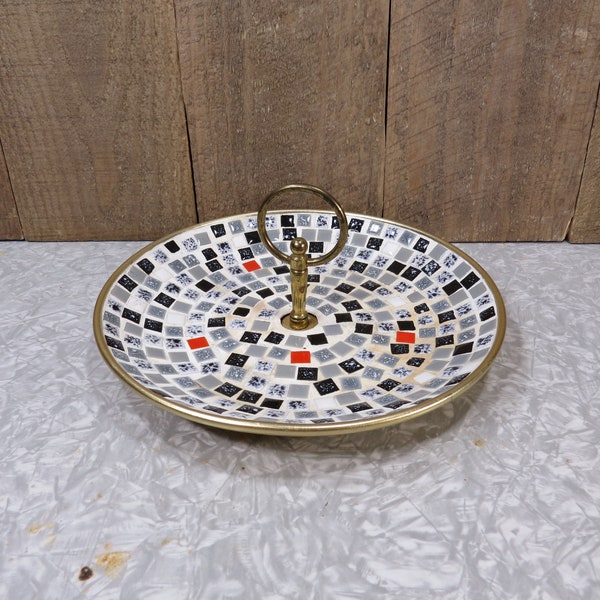 Mid Century Mosaic Tile Tid Bit Serving Dish Vintage 1960's Round Serving Plate w/Handle, Hors d'oeuvres Tray