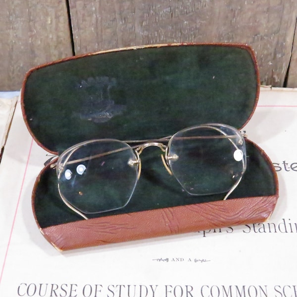 1920s Half Rim Eyeglasses with Case Vintage 1/10-12k Antique Eye Glasses Steampunk Cosplay Costume Accessory