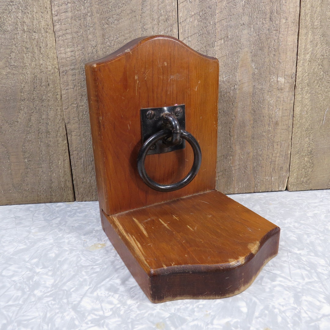 Pull Bookends Vintage Wood Bookend With Black Metal Iron Pull, Midcentury Rustic ...