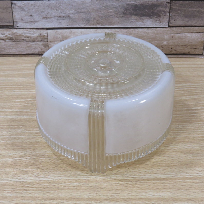 Midcentury vintage replacement shade for a ceiling mount fixture. Round glass globe with four frosted panels and clear rings and lines with a nice art deco look.