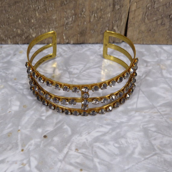 Wide Gold Metal Three Tier Blue Rhinestone Bracel… - image 6