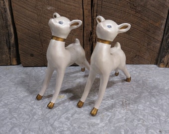 Vintage 1970s Ceramic Reindeer Pair, Hand Painted Christmas Decoration