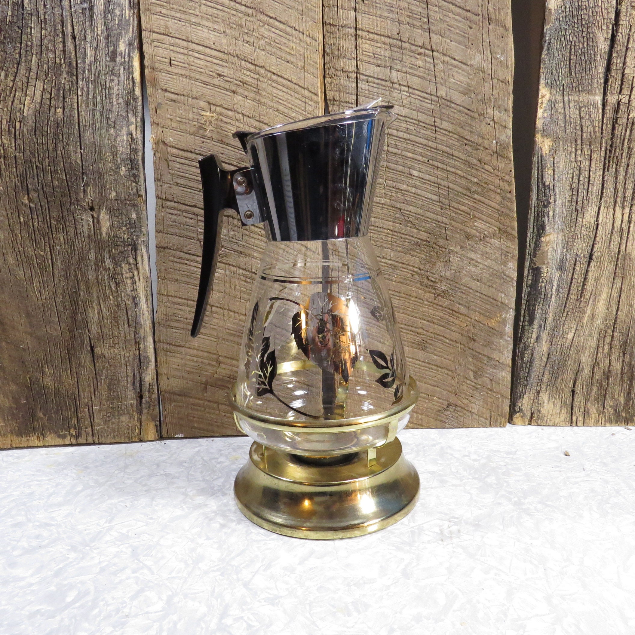 Vintage COLONY Glass Carafe Coffee Warmer Silver Leaves Leaf Pattern 2  Quart Cap