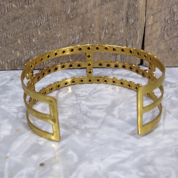 Wide Gold Metal Three Tier Blue Rhinestone Bracel… - image 7