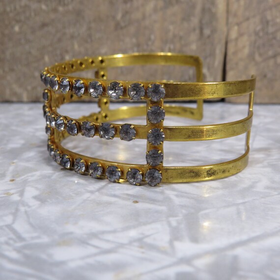Wide Gold Metal Three Tier Blue Rhinestone Bracel… - image 8