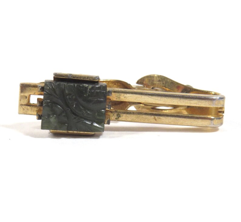 Mid Century Swank Jade Nephrite Tie Clip and Cuff Links Set Vintage 1960s Mens Cuff Links