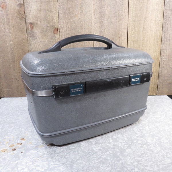 Vintage Gray American Tourister Makeup Train Case with Tray Vintage 1990s Hard Sided Airplane Carry On Luggage