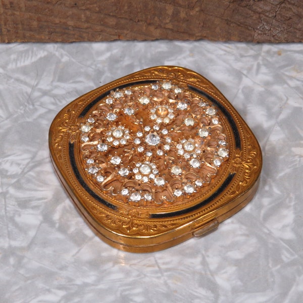 Vintage Rhinestone Covered Compact Mid Century 1950s Goldtone Powder Compact