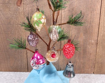 Set of 7 Vintage Smaller Glass Christmas Tree Ornaments 1930s 1940s Glass Christmas Decorations