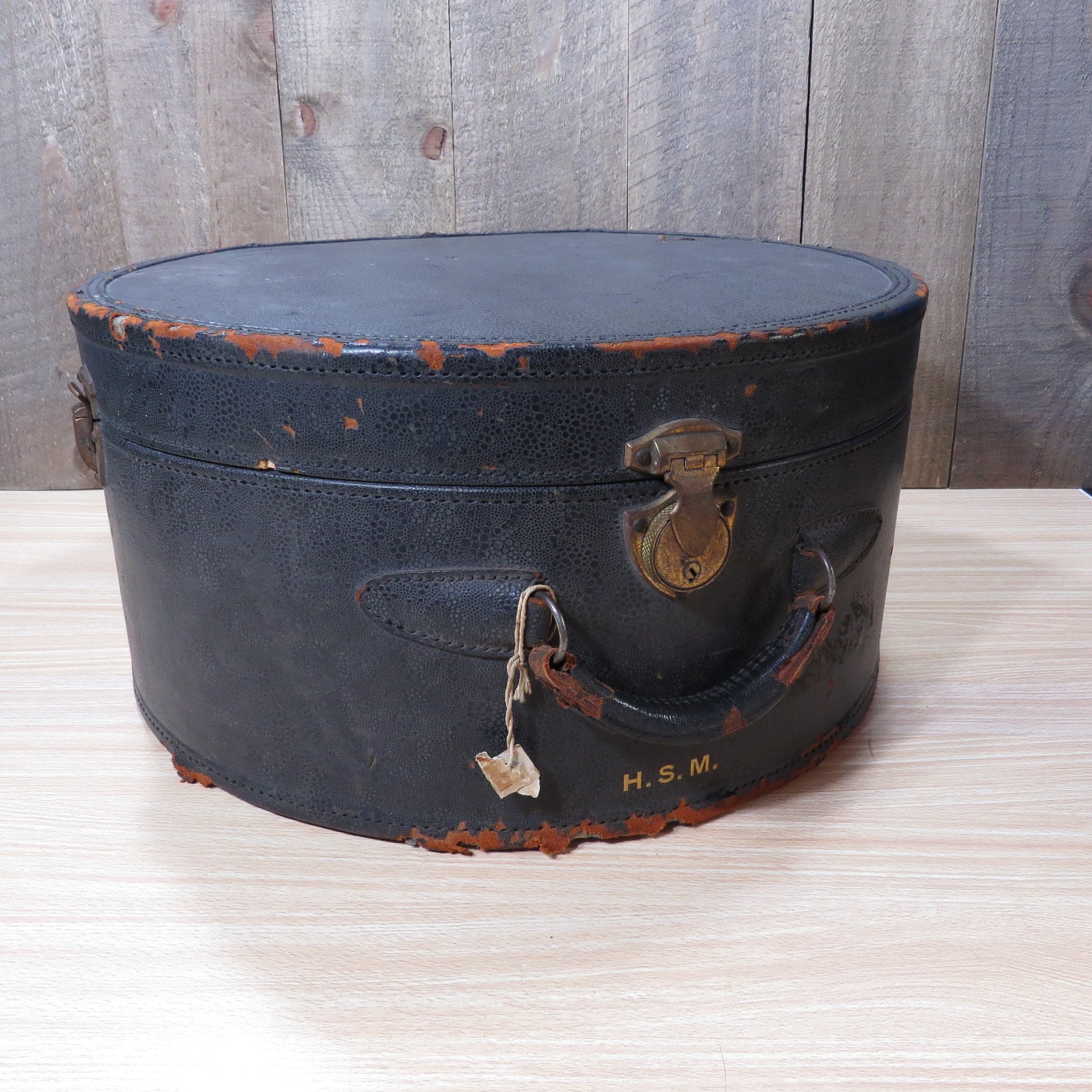 Antique Black Round Hat Box Suitcase Vintage Early 1900s Storage