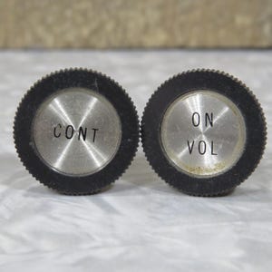 Vintage Radio Knobs: Black Plastic VOL/CONT, Mid Century Parts Set of 2 (kbF)