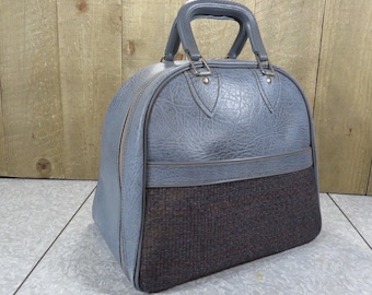 Vintage Grey Bowling Ball Bag with Tweed Front Pocket, Retro Rockabilly Sports Bag