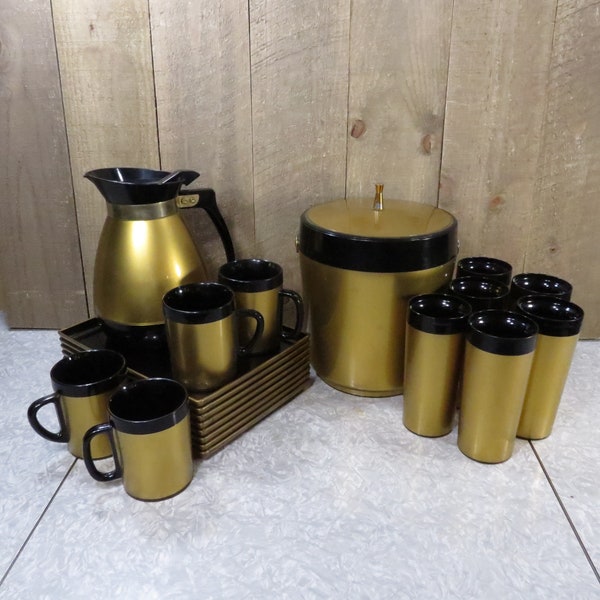 Mid Century West Bend Thermo Serv Coffee Carafe, Coffee Cups, Drink Tumblers, Ice Bucket, Serving Tray / Plate