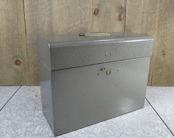 Grey Metal Portable File Storage Box Vintage 1950s Metal Storage Box Industrial Salvage Storage Box