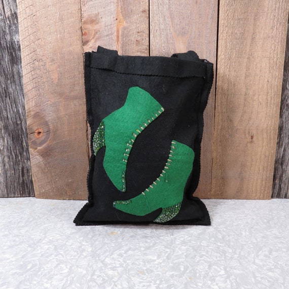 Vintage Felt Shoe Bag Black Felt Bag With Green Victorian Boots