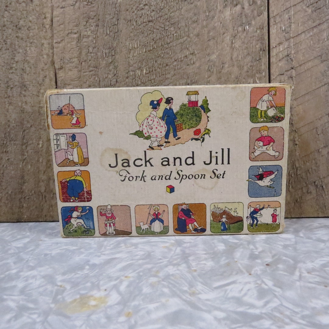 Vintage Jack and Jill Fork and Spoon Set Box With Nursery Rhymes