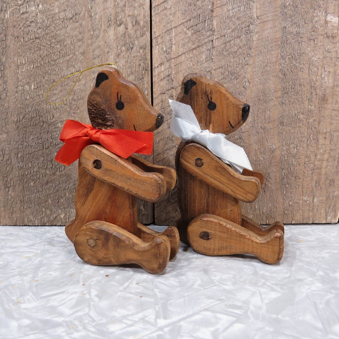 Vintage Jointed Wooden Teddy Bear Christmas Ornaments, Farmhouse