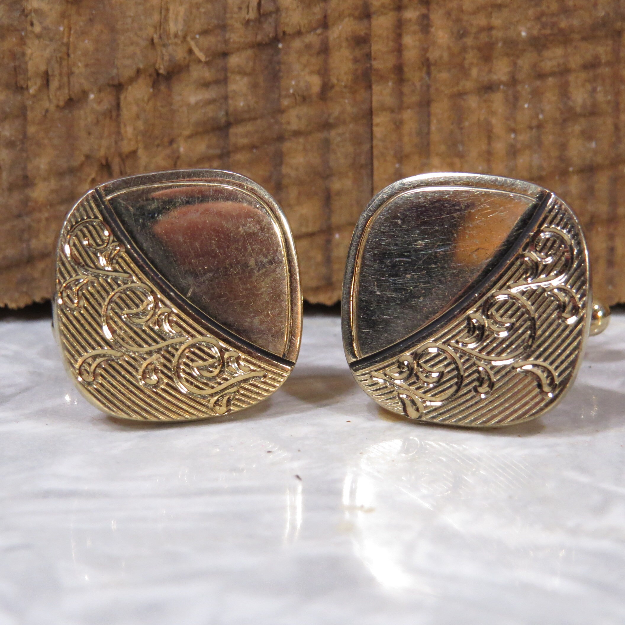 Boutons De Manchette Anson Style Milieu Du Siècle - Or Et Noir Avec Strass - Occasion - Fabriqué Aux États-Unis
