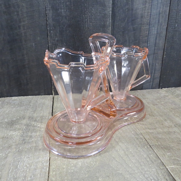 Vintage Westmoreland Art Deco Modernistic Pink Depression Glass Creamer and Sugar with Tray