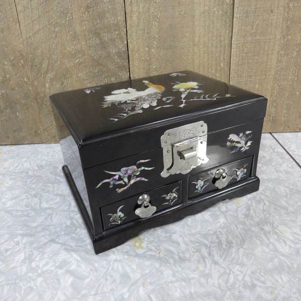 Vintage Black Lacquer Japanese Jewelry Box With Mother Of Pearl Inlay Mid Century Asian Decor Box
