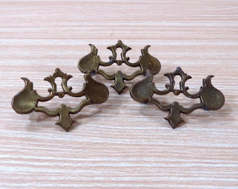 Set of 3 Chippendale Style Batwing Drawer Pulls Cabinet Hardware Vintage 1980s Bat Wing Dresser Pull Industrial Salvage
