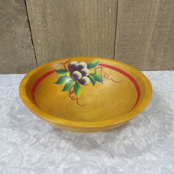 Vintage Small Wood Bowl with Colorful Painted Grapes Mid Century Farm House Decor