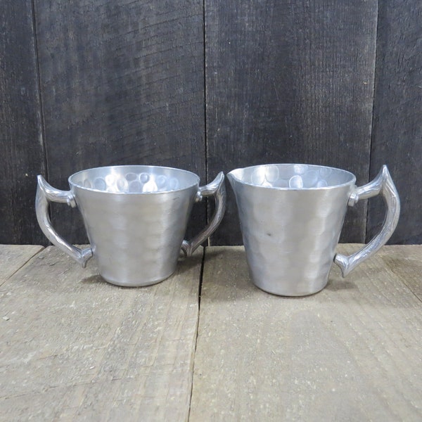 Vintage Everlast Hammered Aluminum Creamer and Sugar - Hand Forged Everlast Metal with Tree Branch Handles
