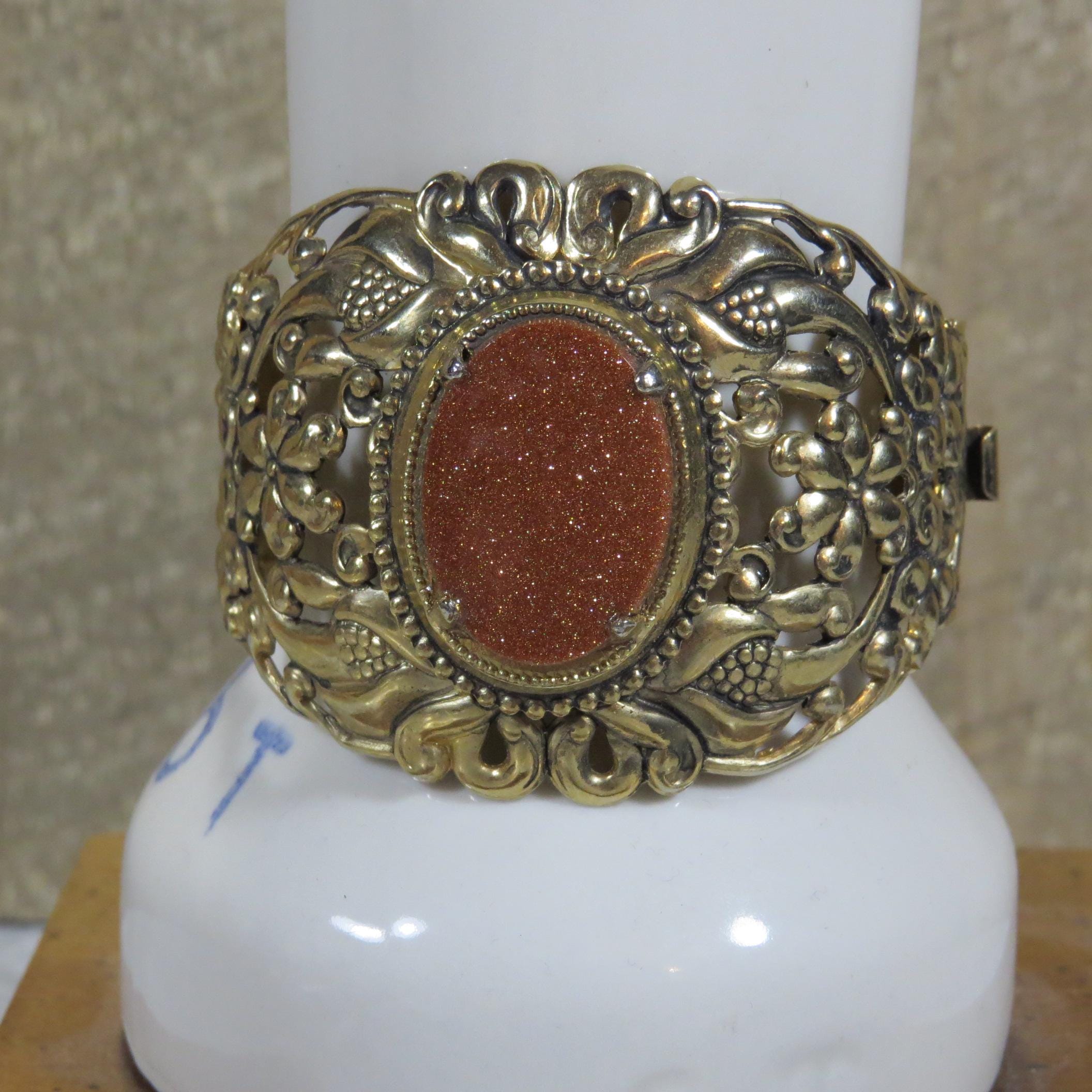 Vintage Goldstone Cuff Bracelet Floral Filigree Wide Band - Etsy display picture 3