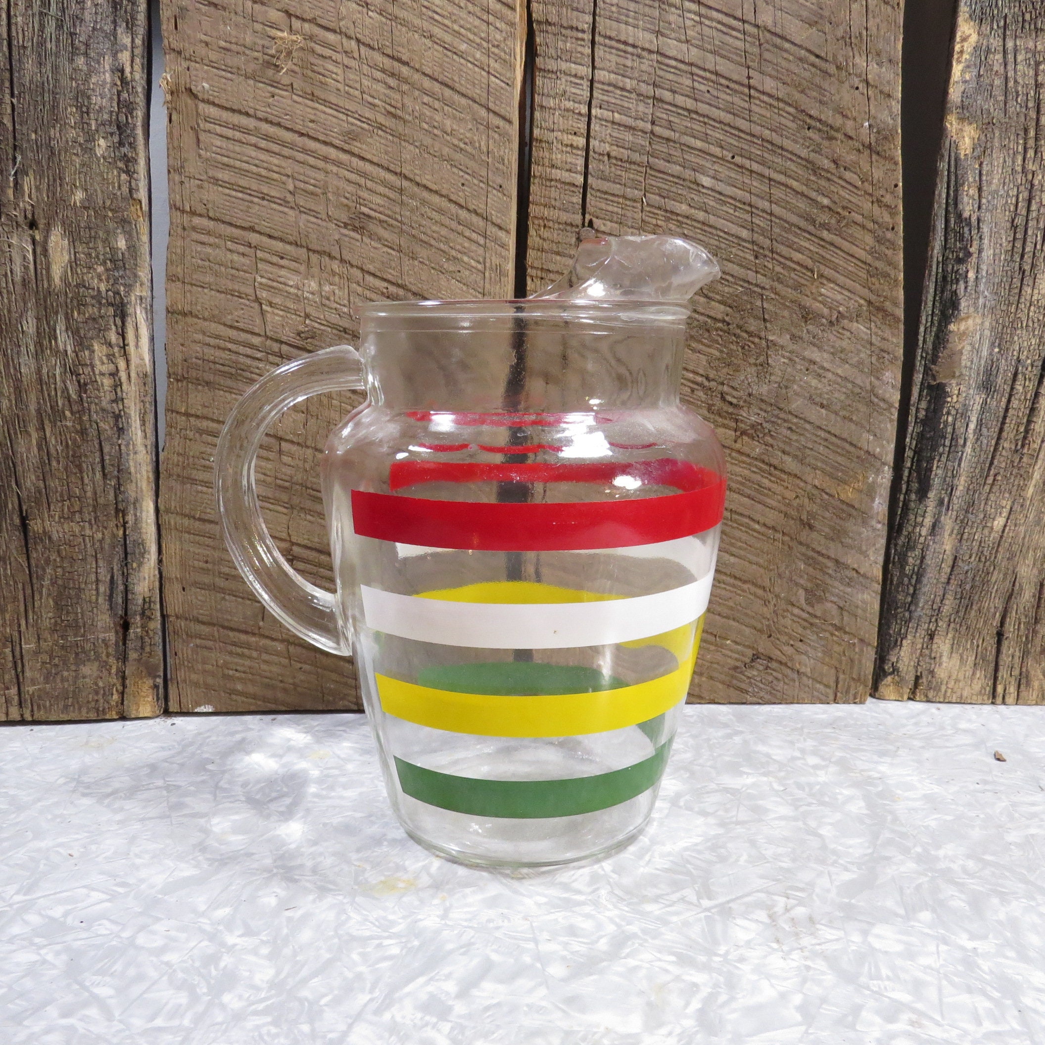 Vintage Mid Century Water Lemonade Multi Color Striped Glass Pitcher USA  Free USA Shipping 
