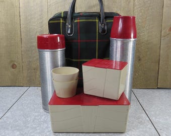 Vintage Plaid Picnic Set, Midcentury Thermos Tote, Art Deco Snack Boxes