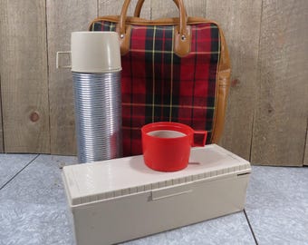 Vintage 1960s Plaid Picnic Set, King Seely Thermos, Snack Box