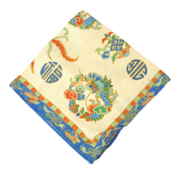 Vintage Oriental Style Dragon Hankie 1940s / 1950s Handkerchief with Dragons - Flowers - Butterflies