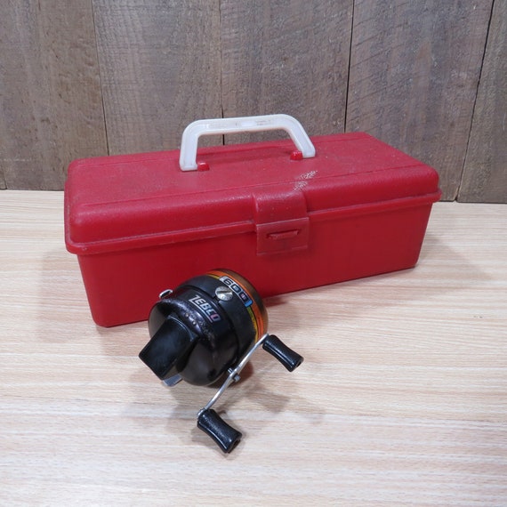 Vintage Red Plastic Fish-n-chum Tackle Box With Zebco 600 Fishing