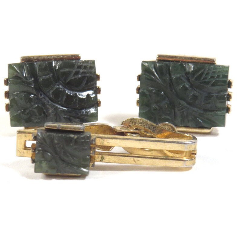 Mid Century Swank Jade Nephrite Tie Clip and Cuff Links Set Vintage 1960s Mens Cuff Links