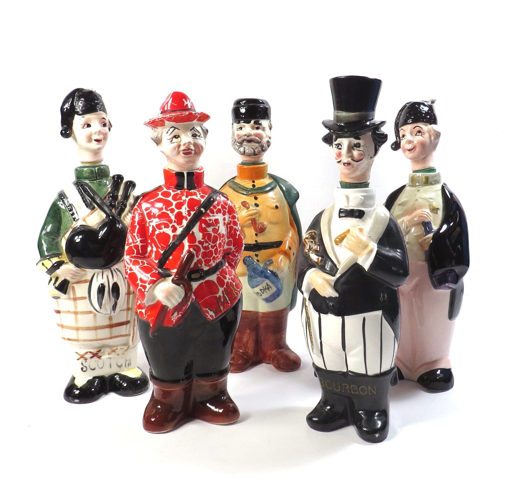 Set of 5 Figural Liquor Bottles Vintage Mid Century Cocktail Etsy