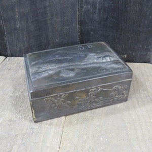Vintage 1920s Heavy Metal Asian Design Trinket Box, Vintage Cigarette Box, Vintage Memory Box, Vintage Jewelry Box
