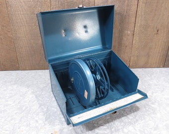 Logan De Luxe Movie Reel Chest Blue 8mm Movie Reel Case Vintage Mid Century Metal Storage Container with 1 Canister and 2 Reels