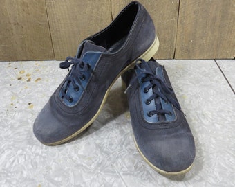 Vintage AMF Womans Blue Suede Bowling Shoes Mid Century Leather Rockabilly Oxfords Size 7