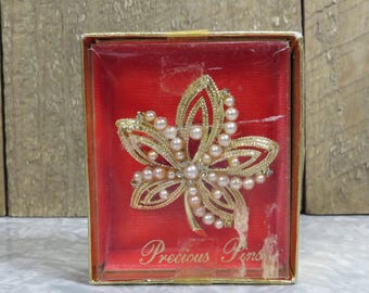 Vintage Precious Pins Gold Tone Leaf Brooch with Faux Pearls & Rhinestones in Box