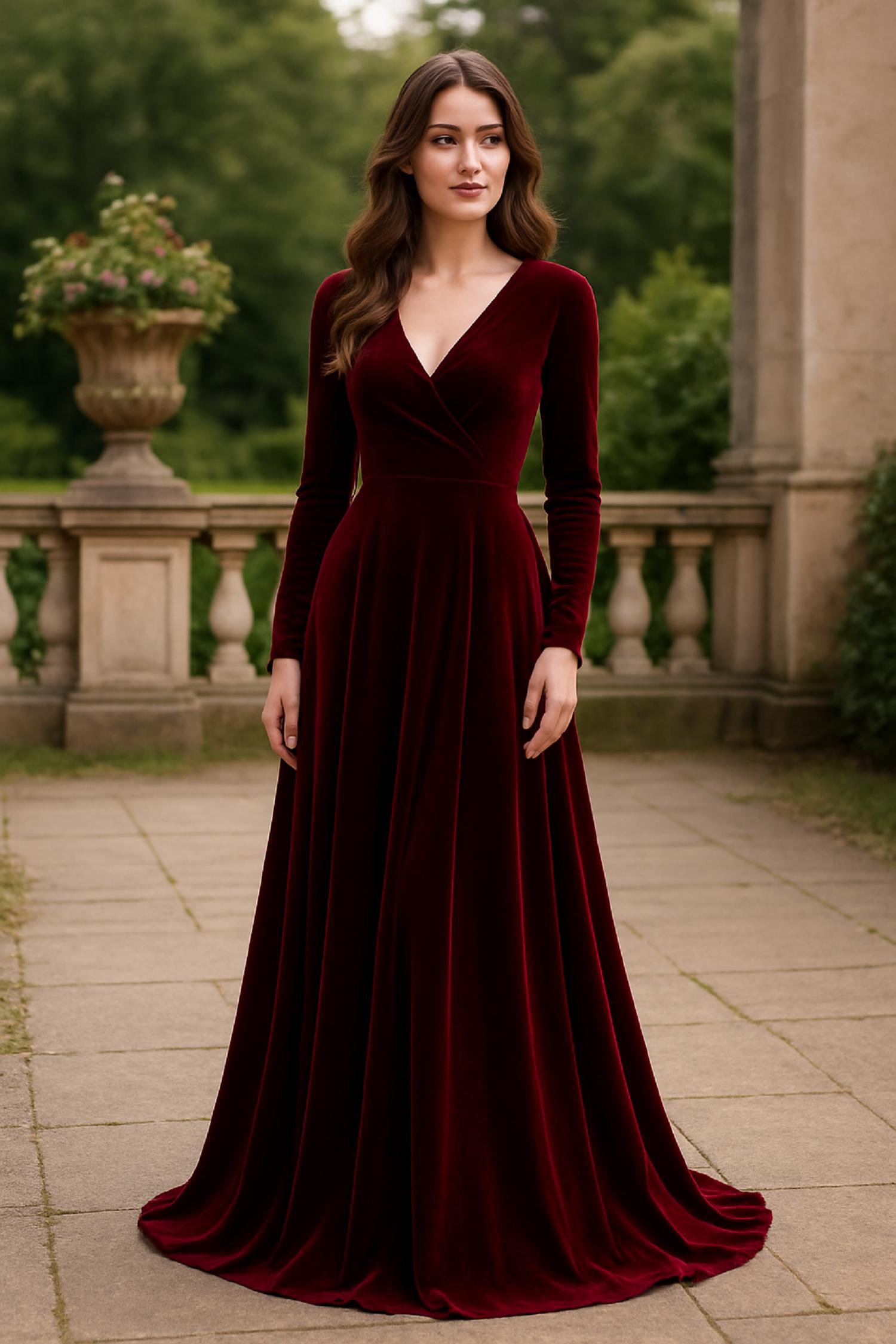 Dresses Burgundy Wedding Guest Dress Long Sleeve Women's Elegant V Neck Dresses Long Sleeve High Waist Dresses Burgundy Wedding Guest Dress Long Sleeve Women's Elegant V Neck Dresses Long Sleeve High Waist