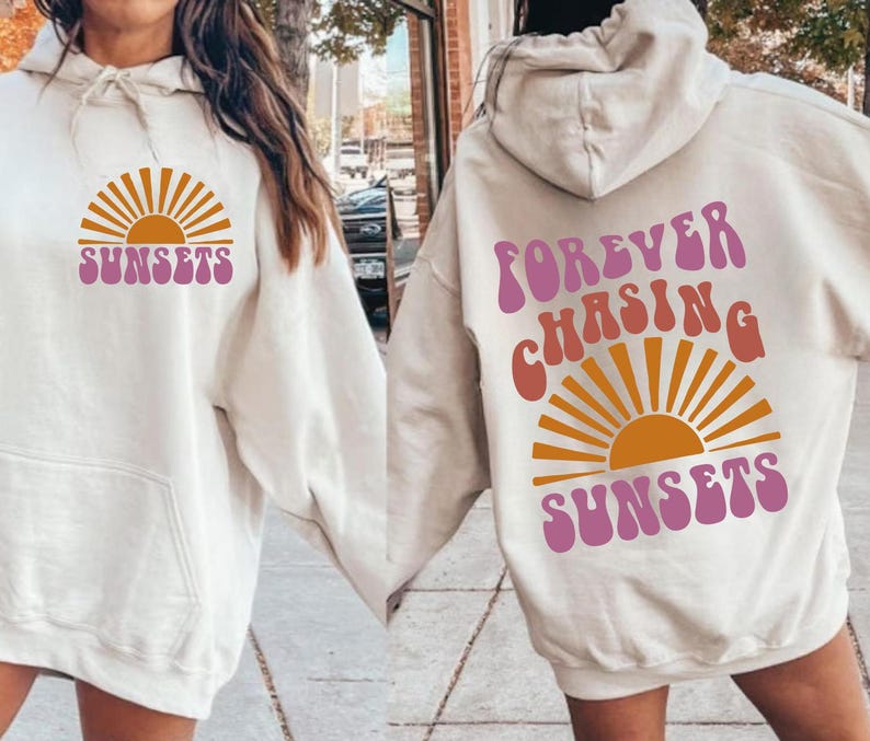 May include: Two white hoodies with a graphic of a sunset and the text "FOREVER CHASING SUNSETS" and "SUNSETS".