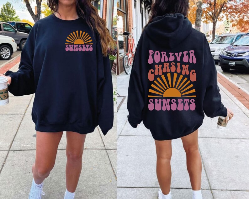 May include: Two black sweatshirts with a sunset graphic and the text "FOREVER CHASING SUNSETS" and "SUNSETS".