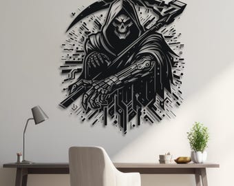 Arte mural de calavera de Cyber Reaper SVG / Parca con brazo robótico / Archivo cortado con láser DXF Ai Cdr Pdf Svg / Diseño CNC oscuro / Archivo de descarga digital