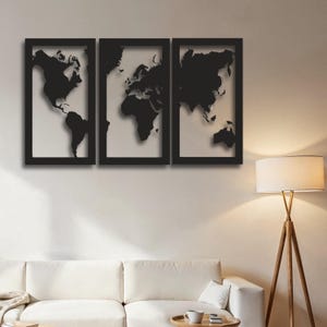 Mapa del mundo de 3 paneles SVG para pared / Silueta de globo terráqueo moderna, archivo de corte para corte láser / Cricut CNC PDF Ai DXF CDR, descarga digital