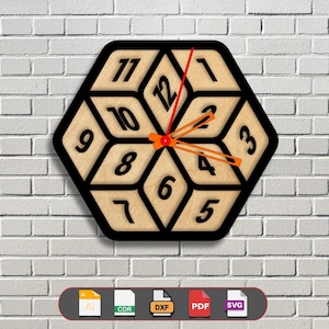 May include: A hexagonal wooden clock with black outlines and orange and red hands. The clock face is a 3D design with the numbers 1 through 12 displayed on the faces of the hexagon. The clock is on a white brick wall. The image includes icons for AI, CDR, DXF, PDF, and SVG file formats.