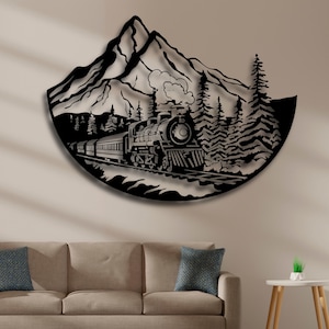 Train à vapeur scène de montagne SVG | fichier découpé au laser d'art mural chemin de fer vintage | Décoration de voyage en forêt Ai Dxf Pdf Cdr | Téléchargement numérique CNC