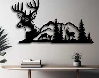 Deer in Forest Wall Art SVG | Wildlife Mountain Scene Laser Cut File | Hunting Lodge Decor for CNC Cricut Glowforge | Digital Download