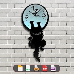 Cat Hanging Clock SVG | Creative Hanging Cat Silhouette Laser Cut File | DXF Cdr Ai Pdf Svg for CNC Glowforge Cricut | Pet Decor Design