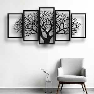 Väggkonst med 5 paneler av träd | Silhuett av delad gren, laserskuren fil för CNC | Modern naturdekoration SVG DXF CDR AI Pdf | Digital design