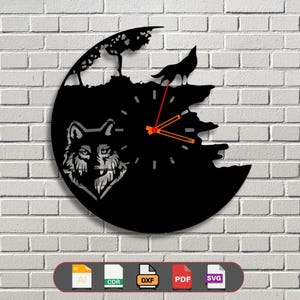 Orologio con silhouette di lupo in formato SVG / Orologio da parete con ululato di lupo e foresta / DXF Cdr Ai Pdf Svg per Laser CNC Cricut Glowforge / Decorazione naturale
